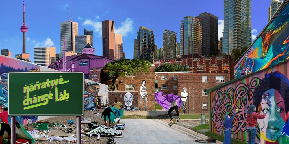 Cityscape with a sign that read "Narrative Change Lab"