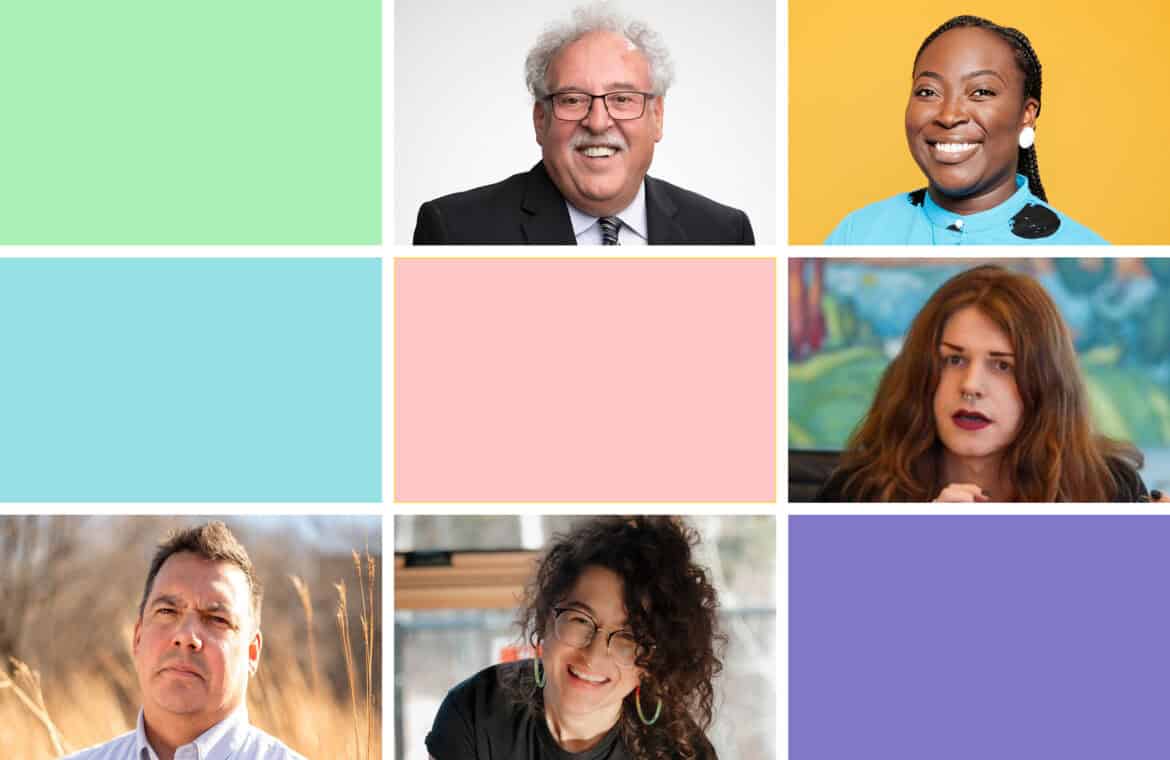 Colourful squares featuring photos of five leaders. Clockwise from top left: Bob Wyatt, Debbie Owusu-Akyeeah, Fae Johnstone, Jessica Bolduc, Niigaan Sinclair.