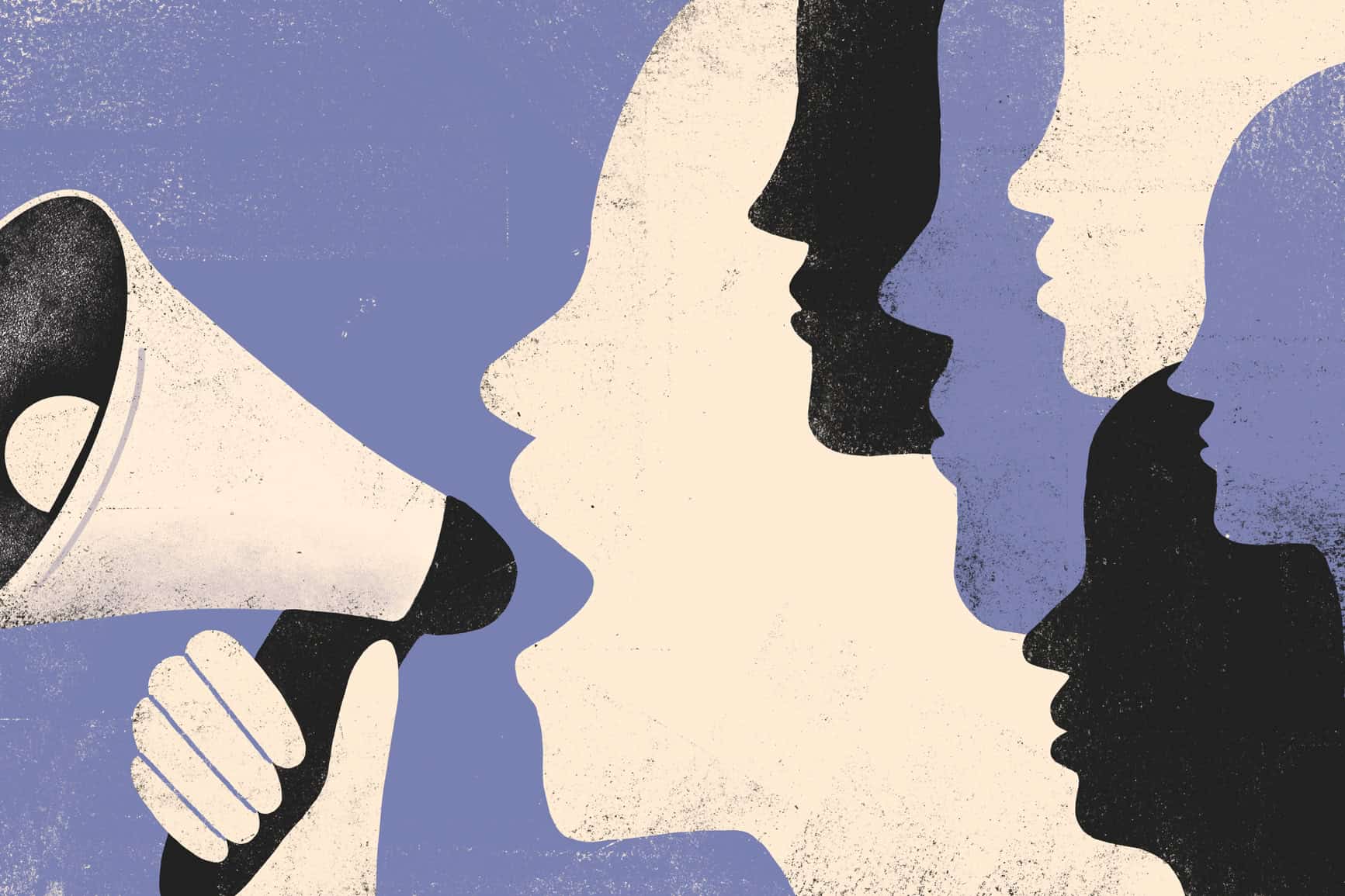 Illustration of woman shouting into a megaphone. Within the outline of her head are other women's heads, highlighting the importance of amplifying women's voices and gender equality.