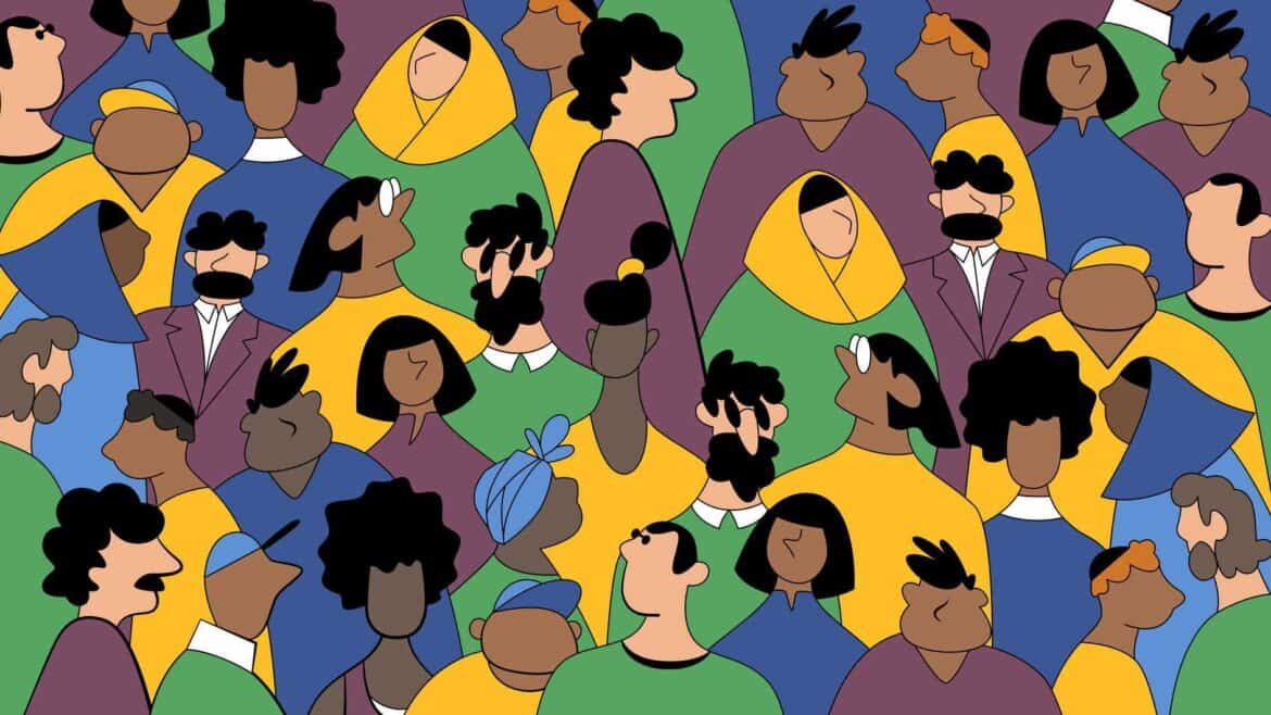Illustration of many people of different identities in colourful clothing.