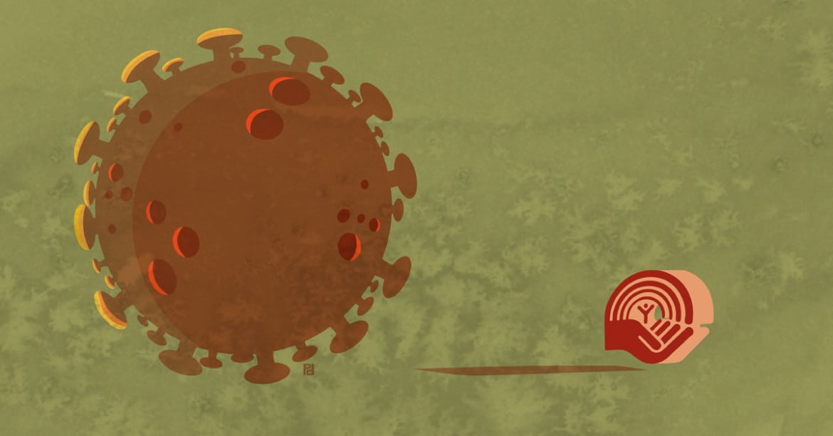 illustration of COVID-19 virus next to United Way/Centraide logo