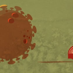 illustration of COVID-19 virus next to United Way/Centraide logo