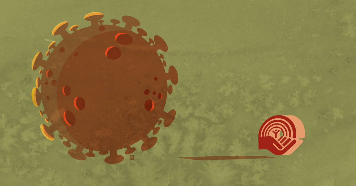 illustration of COVID-19 virus next to United Way/Centraide logo