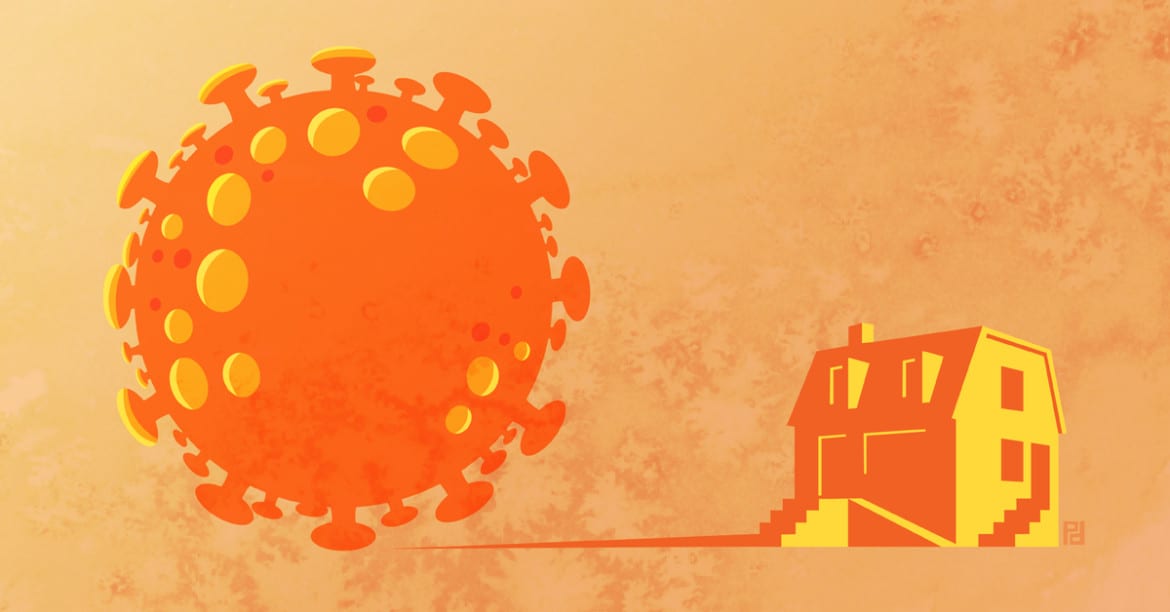illustration of COVID-19 virus and a house