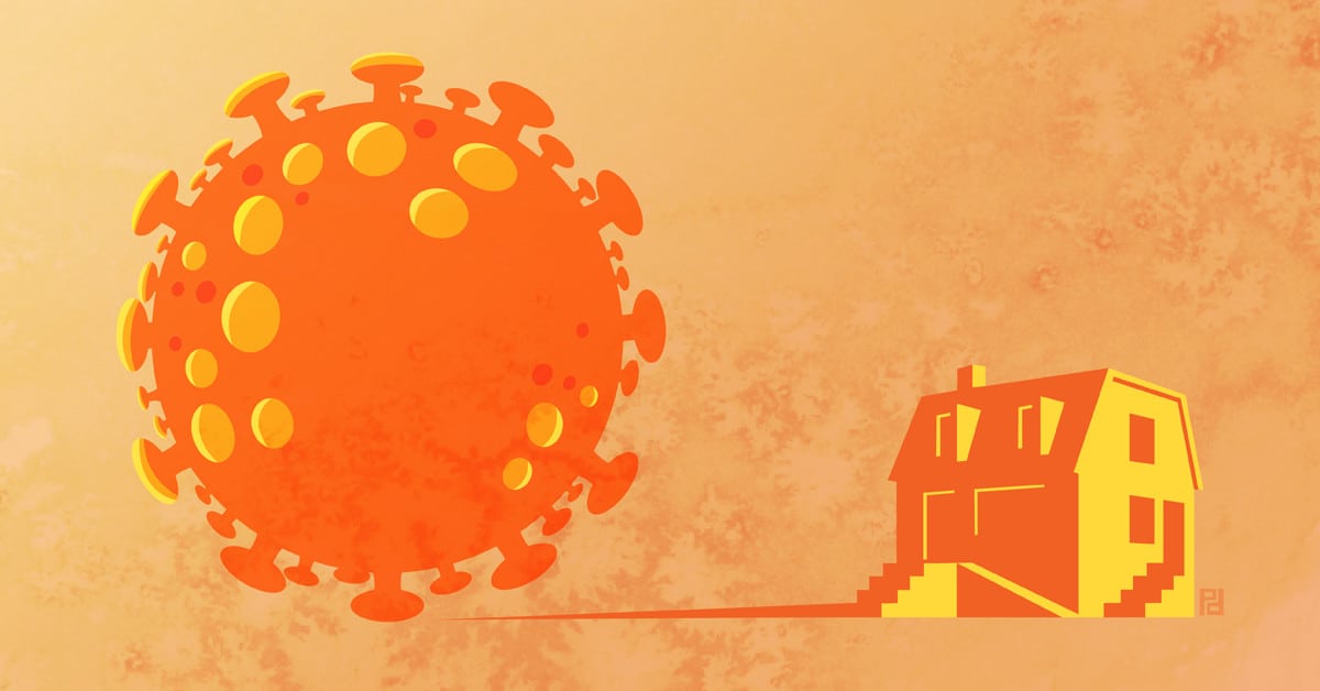 illustration of COVID-19 virus and a house