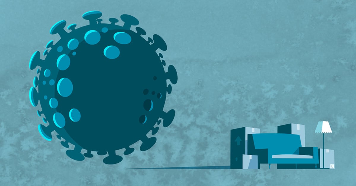 illustration of COVID-19 virus and moving boxes