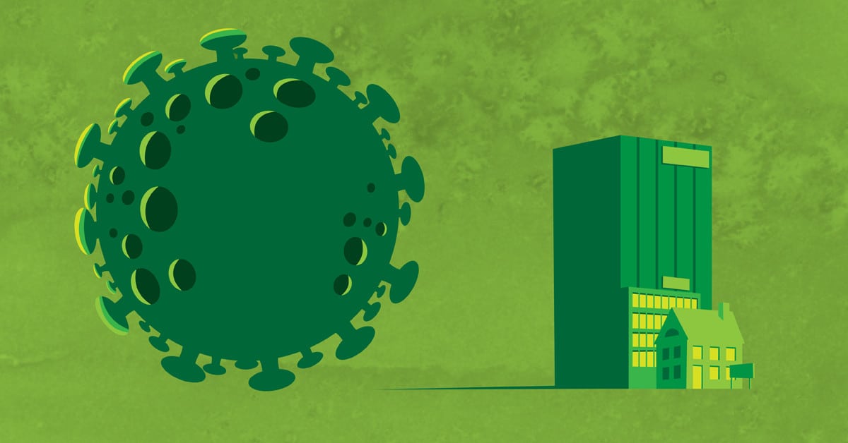 illustration of COVID-19 virus and green buildings