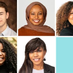 Head shots of the five writing fellows. Left to right top: Aiden Cyr, Amina Mohamed, Kayla Webber. Left to right bottom: Lydia Phillip, Stella Igweamaka