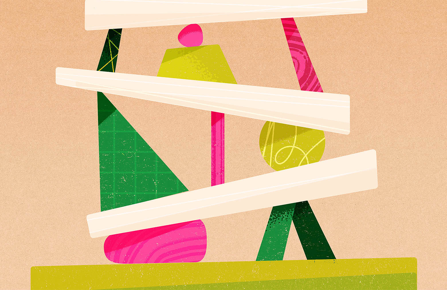 A colourful abstract illustration of rocks stacked and balanced on top of each other.