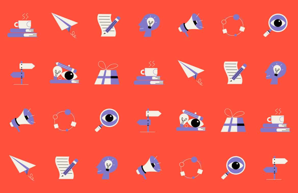 Icons showing a cup of coffee on two books, a paper airplane, a pencil and notes, a head with a lightbulb, magnifying glass and megaphone.