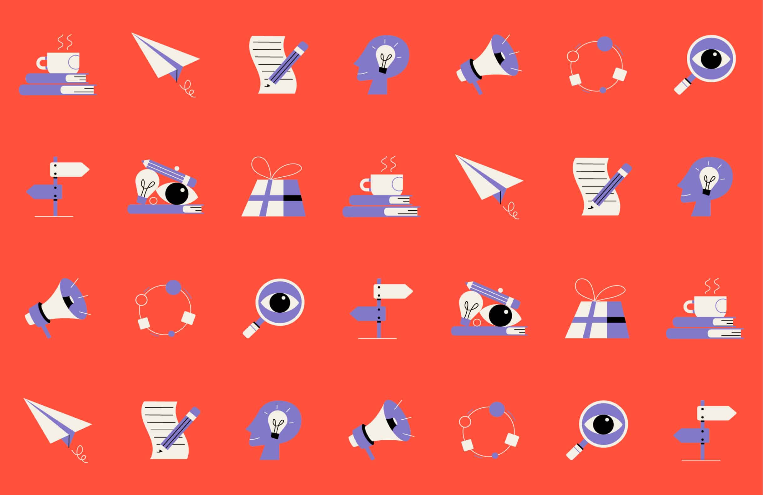 Icons showing a cup of coffee on two books, a paper airplane, a pencil and notes, a head with a lightbulb, magnifying glass and megaphone.