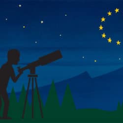 Illustration of a human looking at the EU logo through a telescope