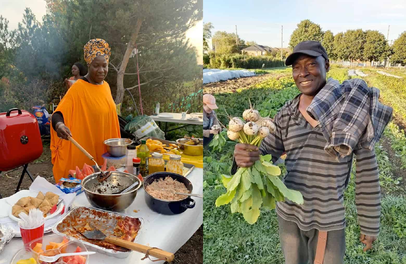 A collage of two photos. On the left is a person in front of a table of cooked dishes outside. On the right is someone holding freshing picked radishes or turnips in a field and smiling.