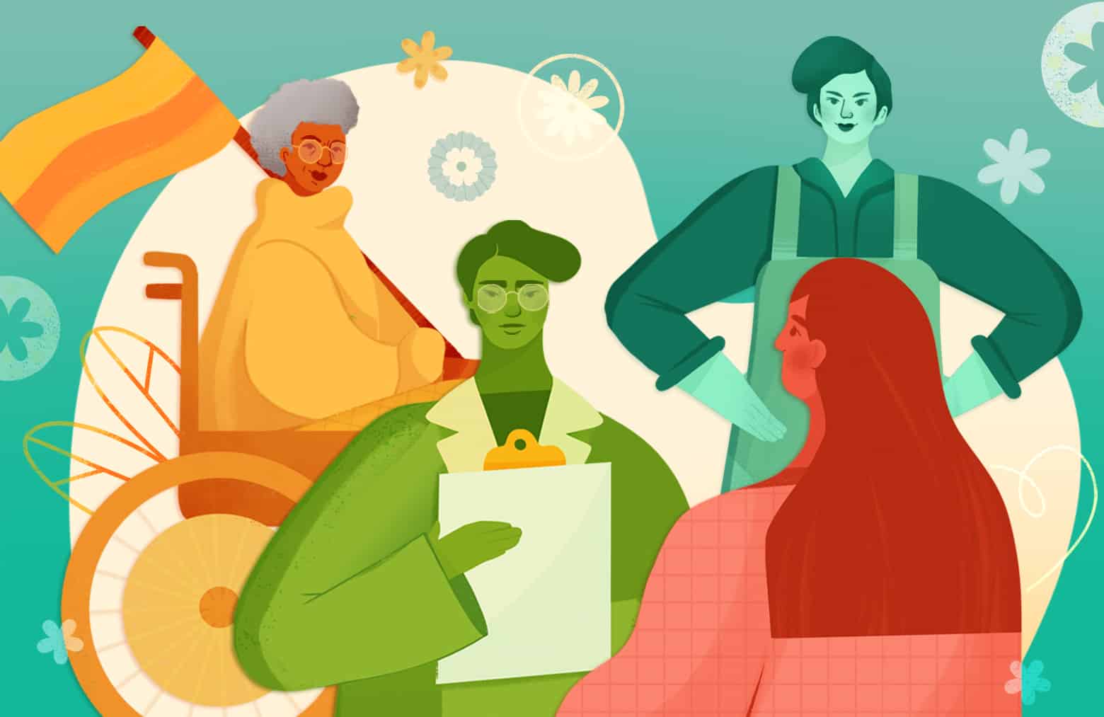 Illustration of four people in different colours. One is in a wheelchair and holding a striped flag. Another is standing with their hands on their hips. Two are facing each other and one is holding a clipboard.