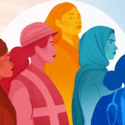 Women looking forward. One wearing a stethoscope, another in a hijab, another in a construction helmet and vest.