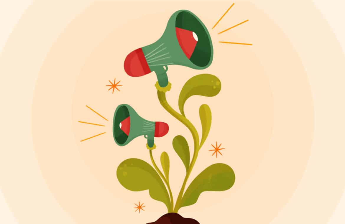 Illustration of two megaphones growing out of a plant.