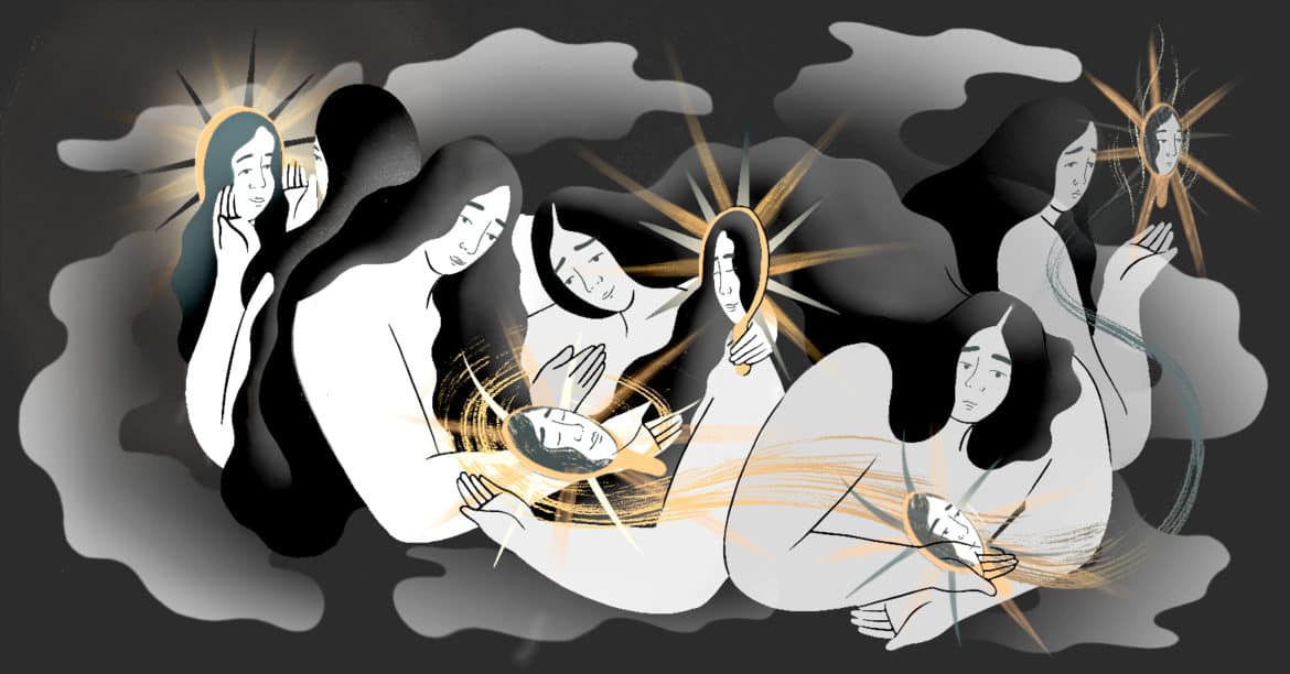 Black, white and gold illustration of five people with long hair looking into mirrors with faces reflected back to them.