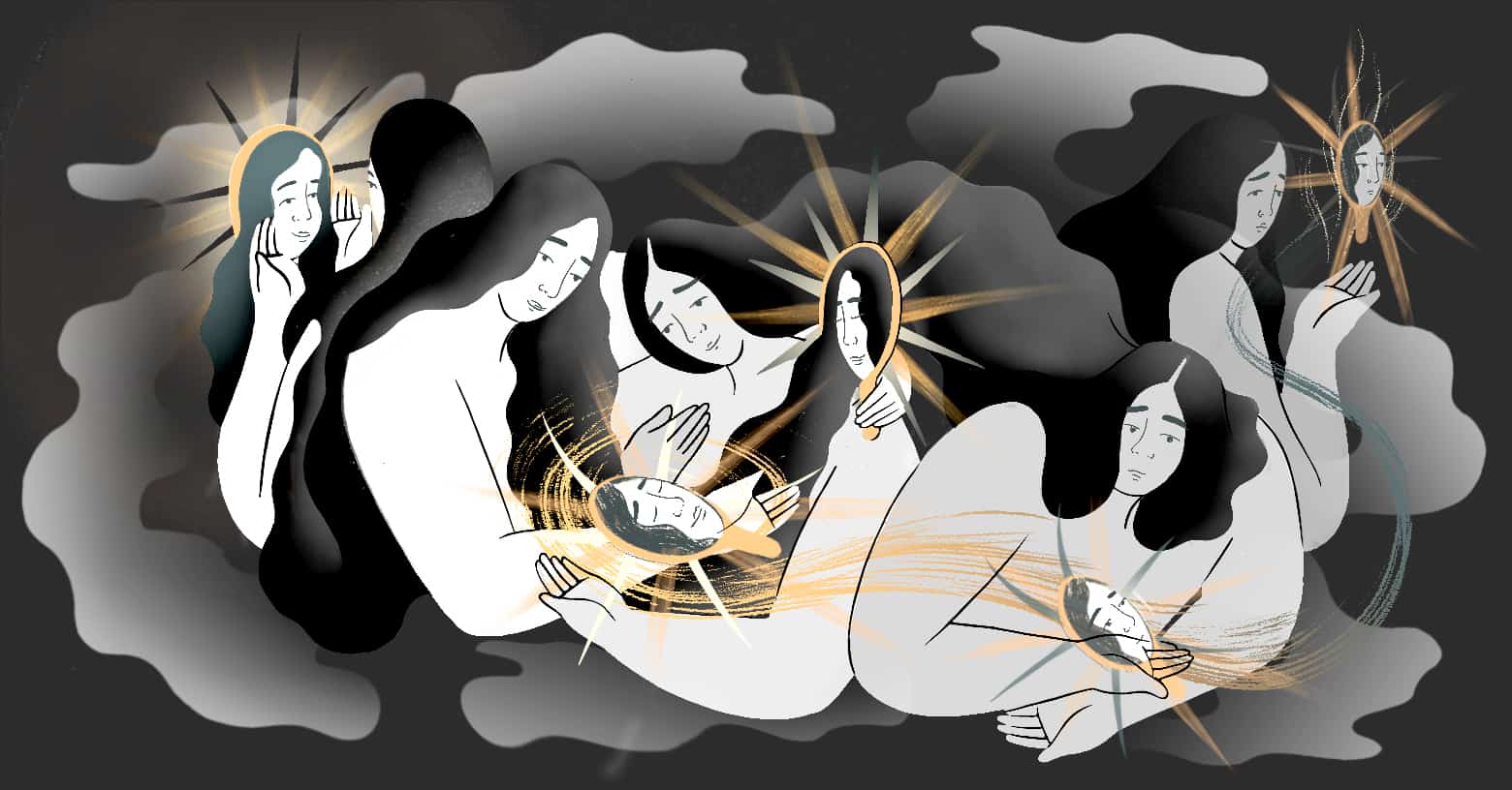 Black, white and gold illustration of five people with long hair looking into mirrors with faces reflected back to them.
