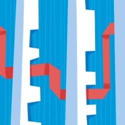 blue white and red illustration with arrow pointing right