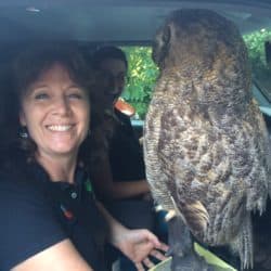 Patricia Thomson holding an owl