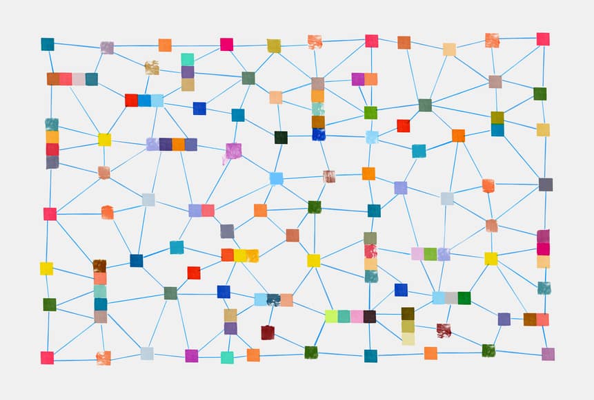 Abstract Network With Colorful Connection Points, Pencil and Gouache Textures