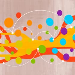 Dynamic arrangement of colorful circles and lines on a neutral background.