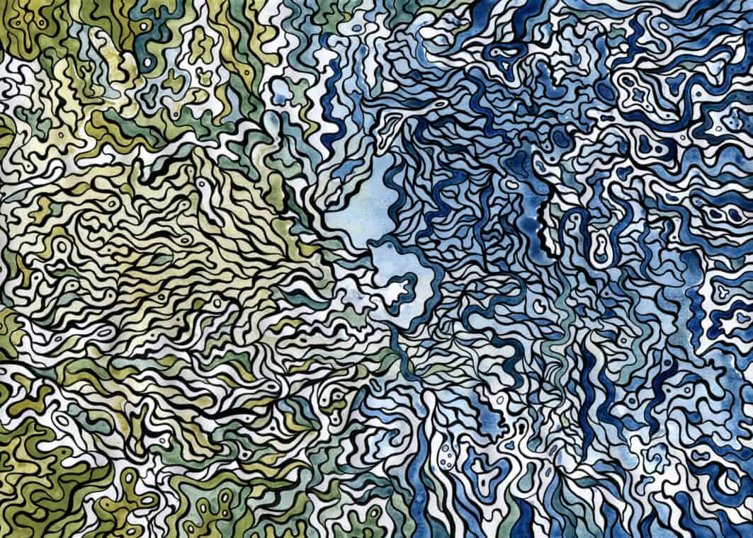 Hand painted black pen and blue watercolor abstract background