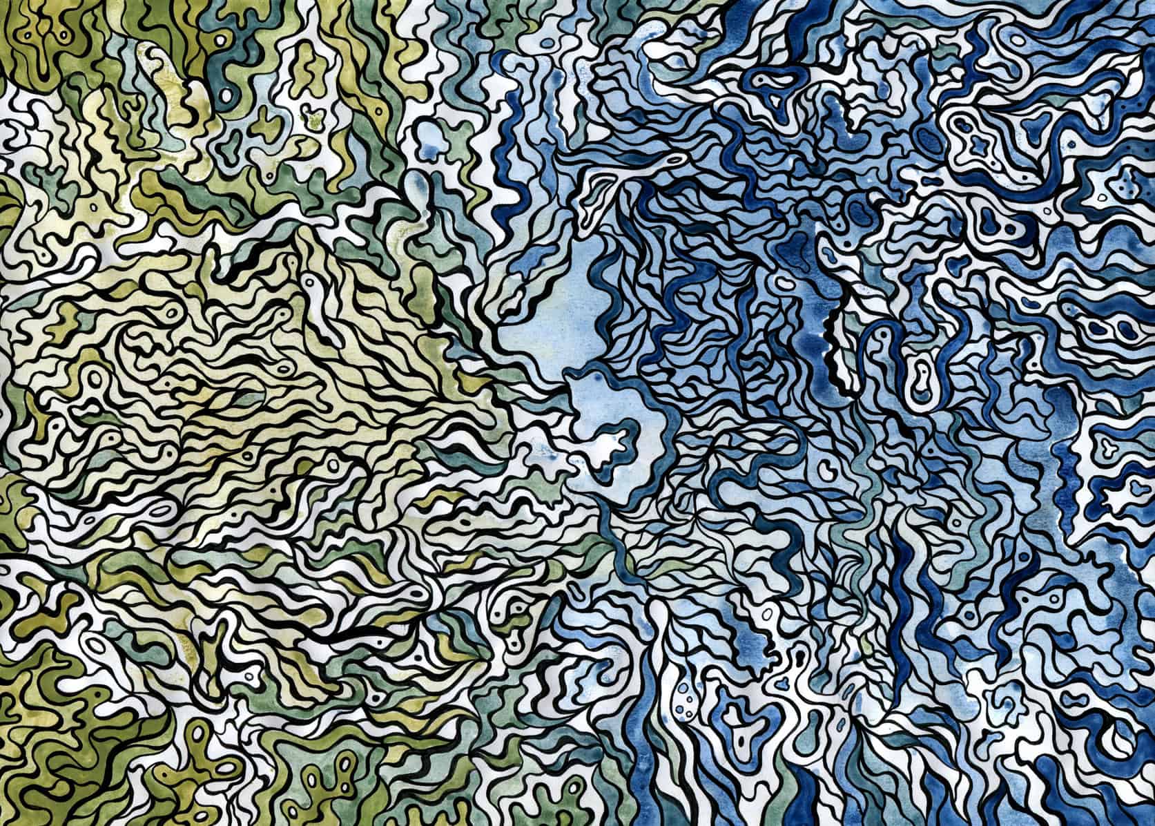 Hand painted black pen and blue watercolor abstract background
