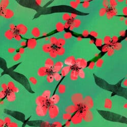 An illustration of blooming cherry blossoms with flying birds on a green background, symbolizing spring, renewal, and natural beauty.