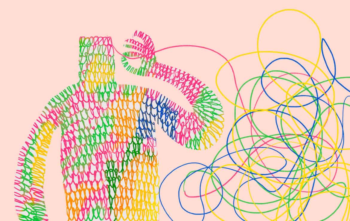 Illustration of a knitted person unravelling into a colourful ball of yarn.