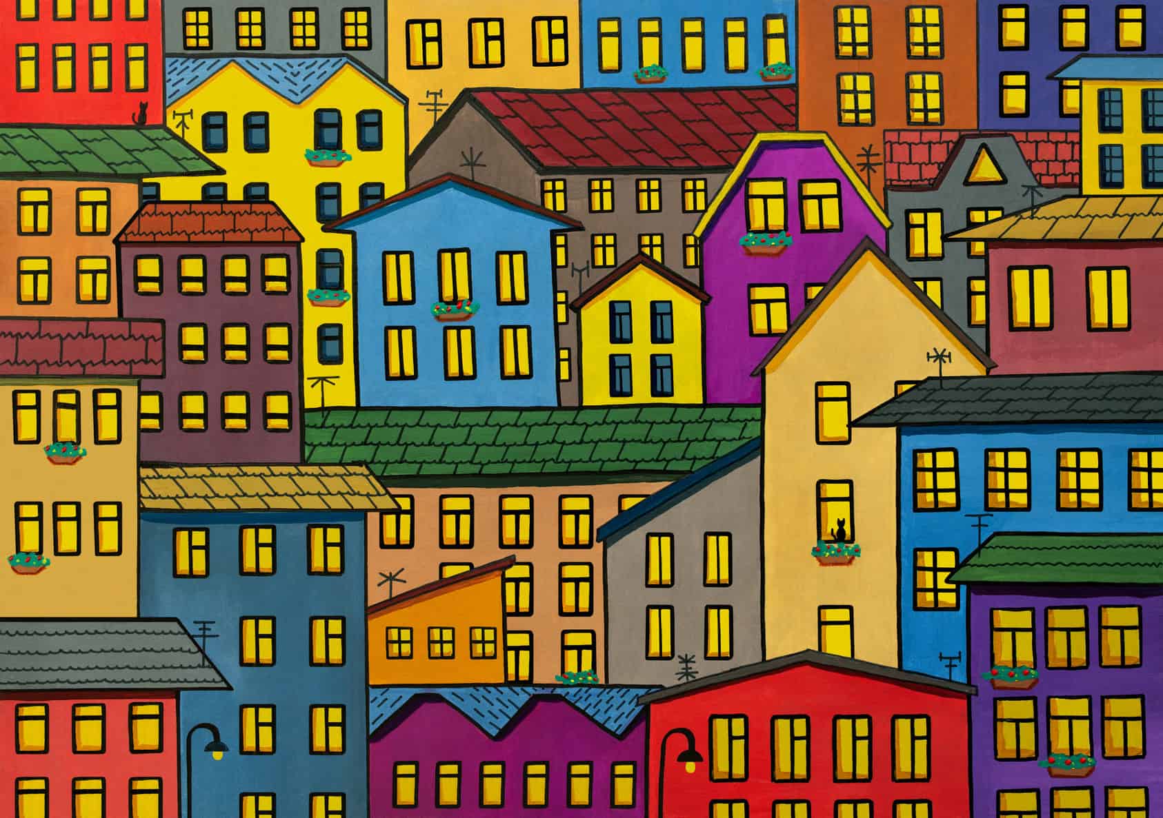 A graphic image of a cityscape with colourful houses pattern
