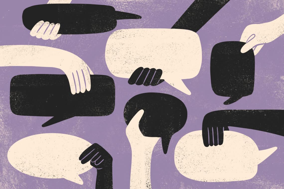 Concept illustration with multiracial hands holding thought and speech bubbles.