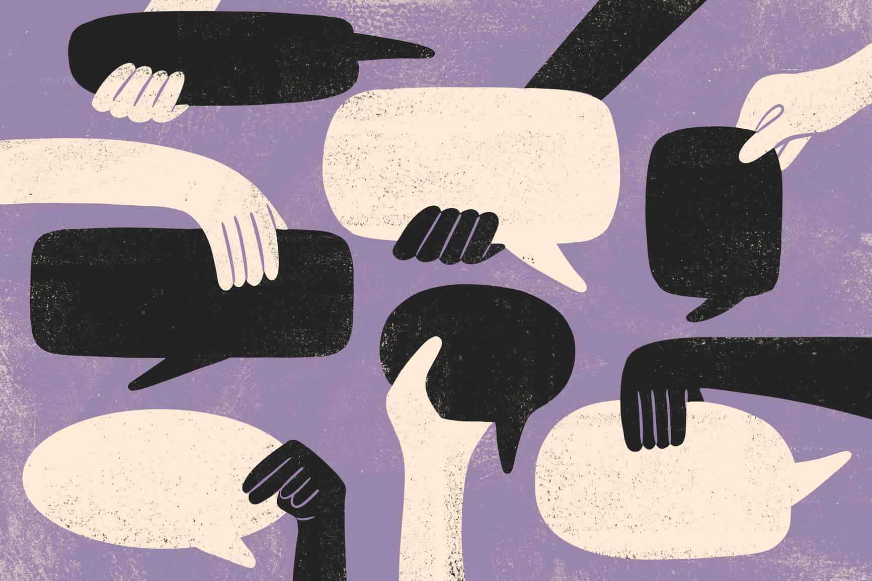 Concept illustration with multiracial hands holding thought and speech bubbles.