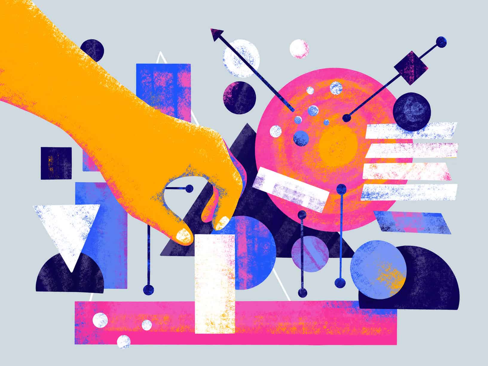 Illustration of a hand reaching out to adjust a small white block among various geometric shapes in blue, pink, and black.
