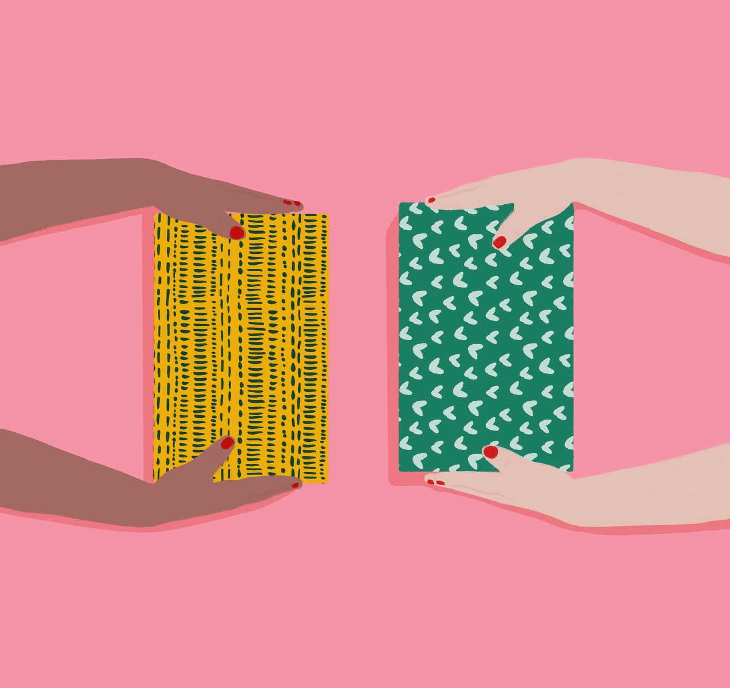 Women's hands present wrapped gifts to each other.