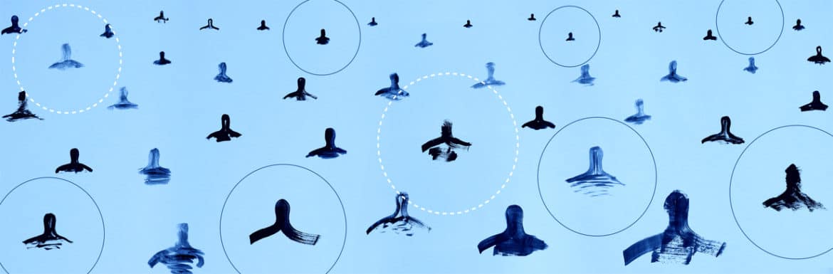 An abstract illustration of a crowd of people standing apart with circles dividing people.