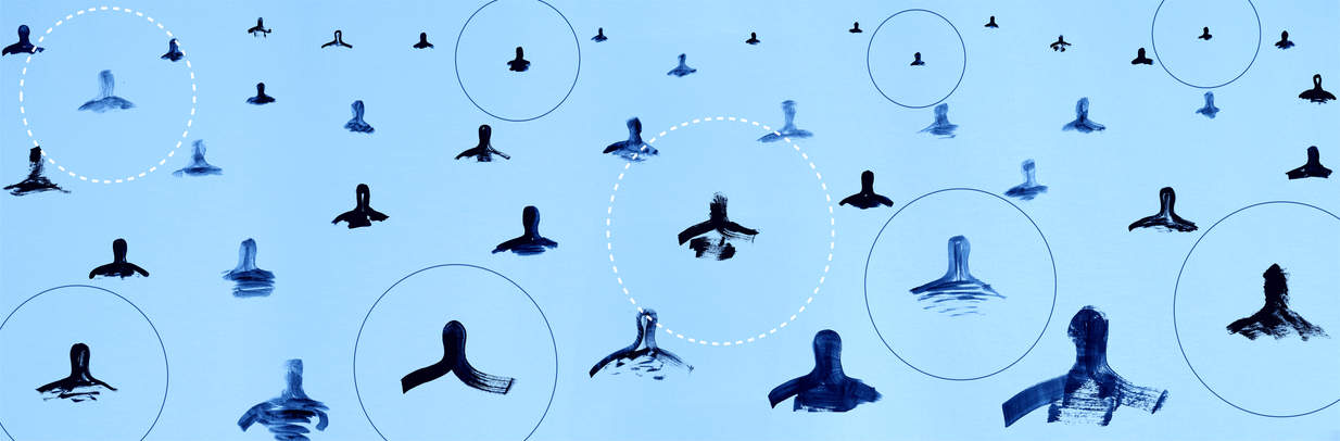 An abstract illustration of a crowd of people standing apart with circles dividing people.