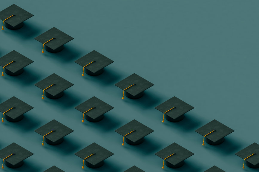 3d render of graduations caps with copy space in the upper right corner.