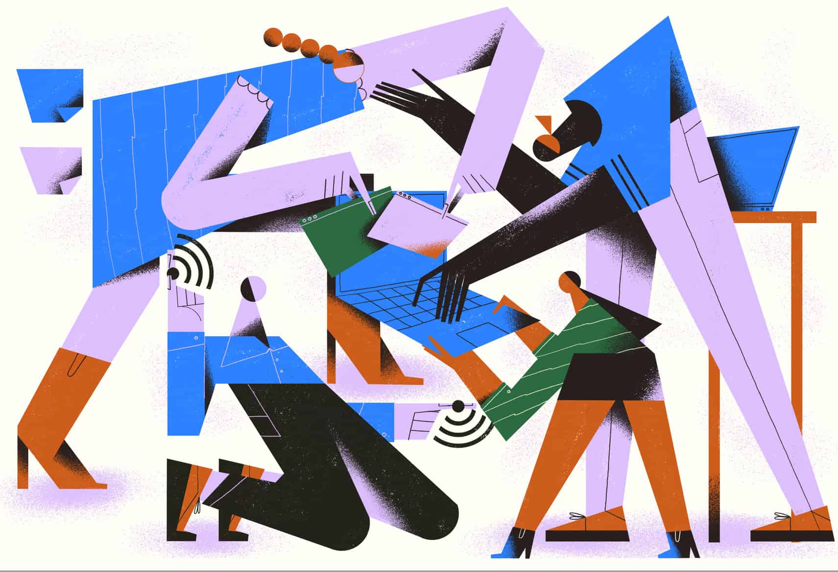 An illustration depicting a strong and united team solving tasks, exchanging ideas, and working together.