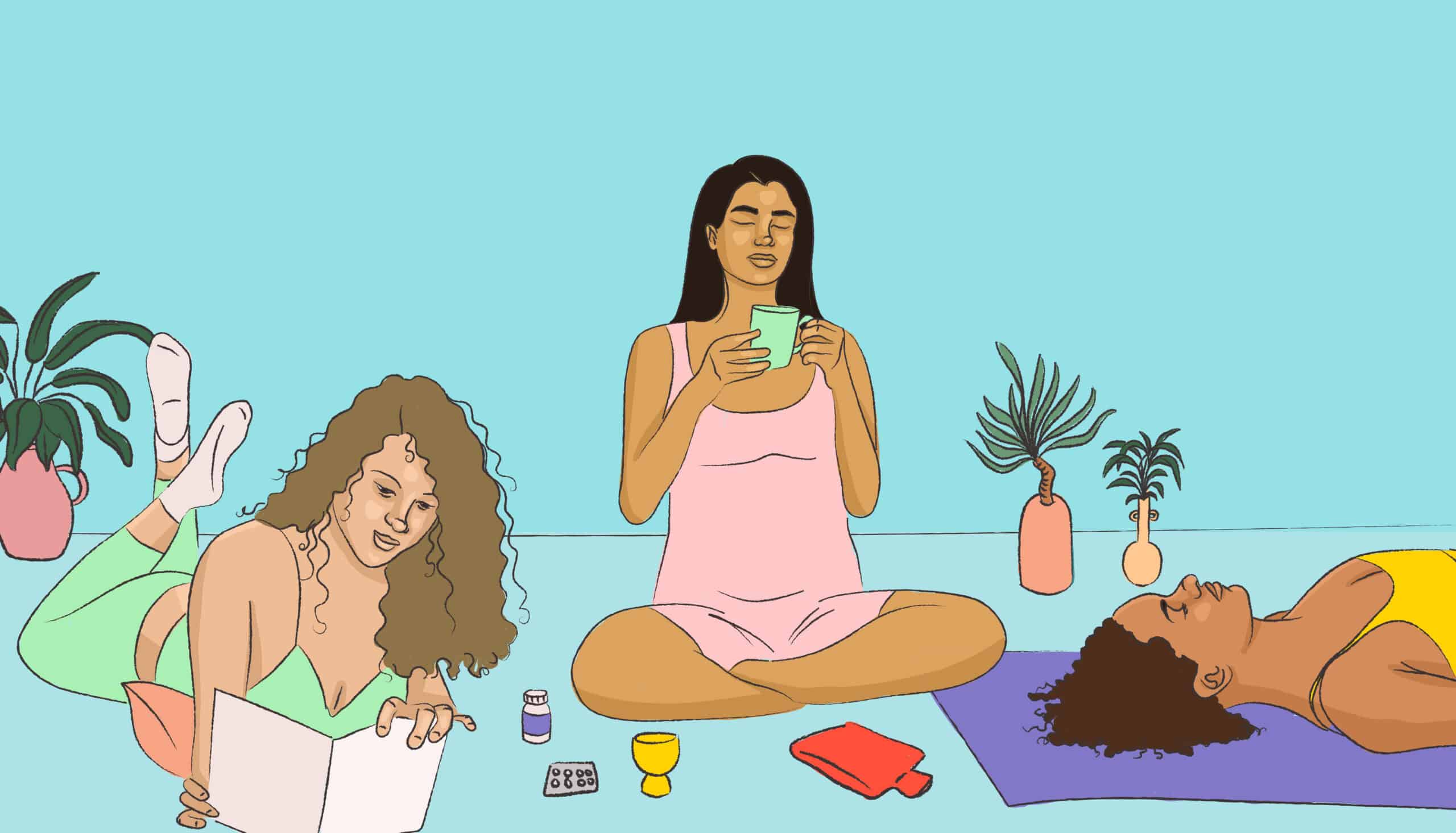 Three people resting, writing with medicine, pills and heating pad near by.