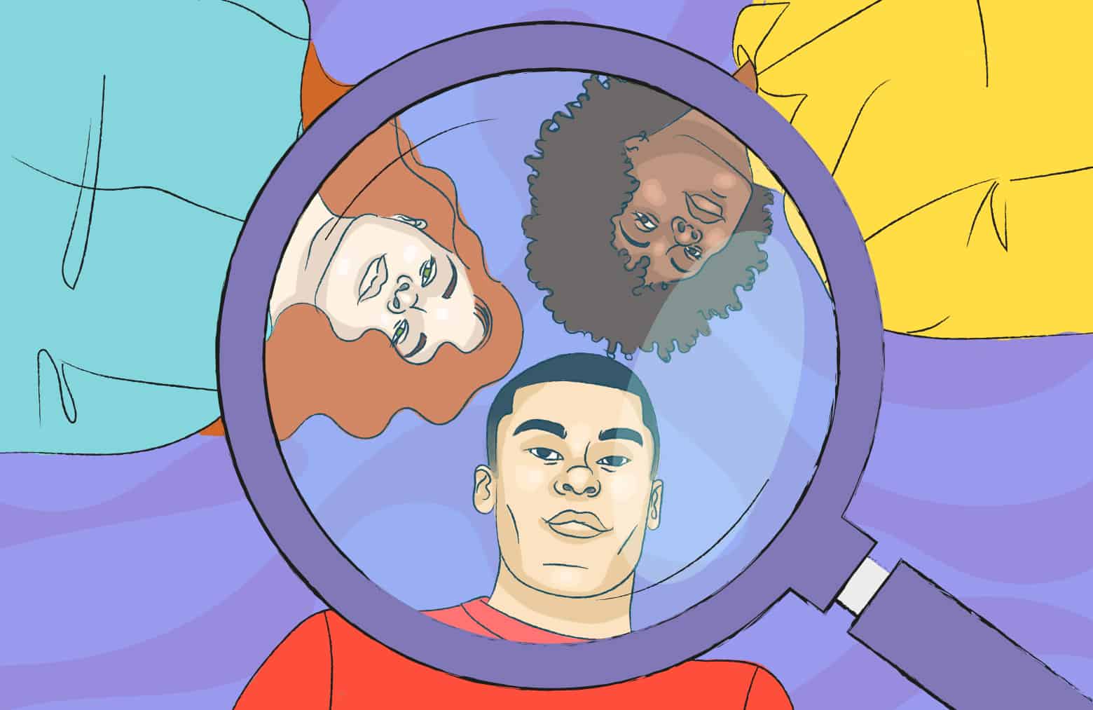 Illustration of three people looking down into a magnifying glass