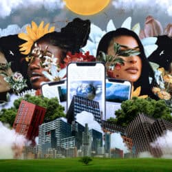 Collage with faces, flowers, buildings and phones.