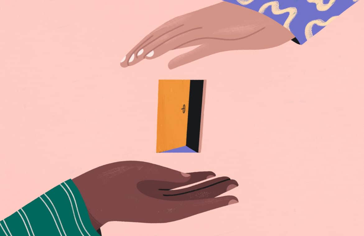 Illustration of two hands above and below an open door.