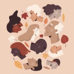 Many different faces arranged in the a circle with leaves