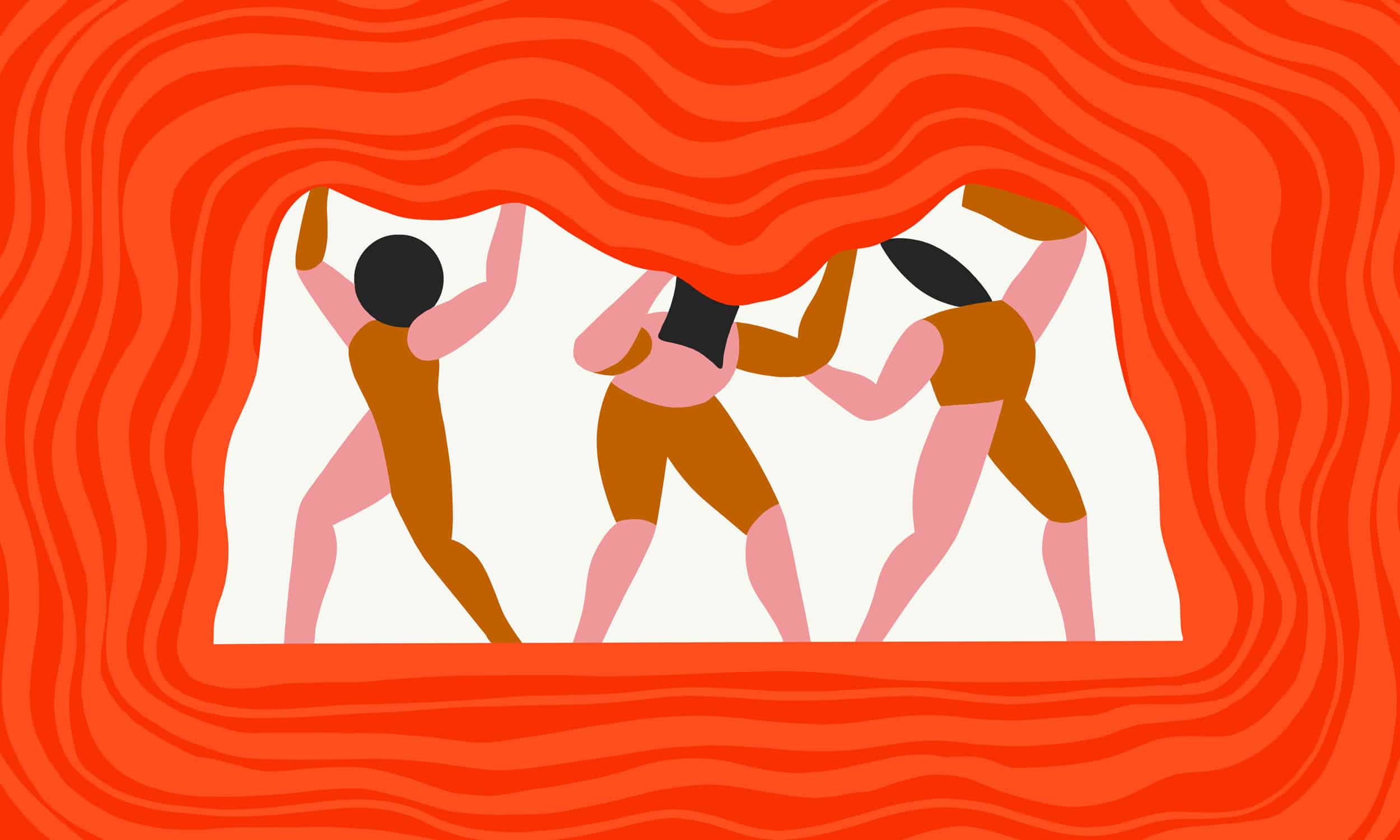 three human figures pushing upward against a red object that is collapsing above them.
