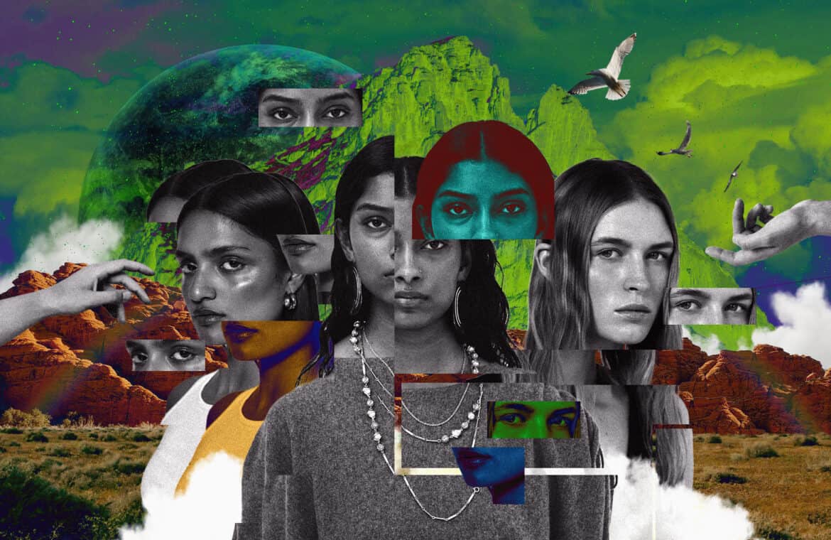 A collage of women's faces with a desert landscape in the background