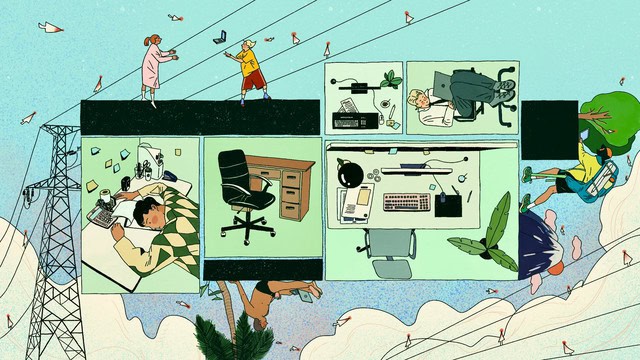 An illustration showing people in flexible work environments, some throwing computers to symbolize the accompanying threats, lack of regulation, and exploitation of this newfound freedom, especially in the age of AI.