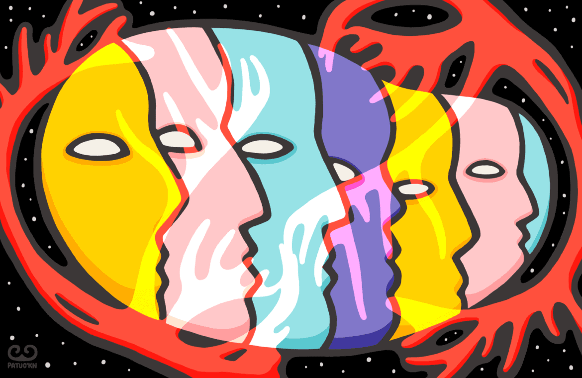 Conceptual illustration with five profiles of people in yellow, pink, blue and purple.