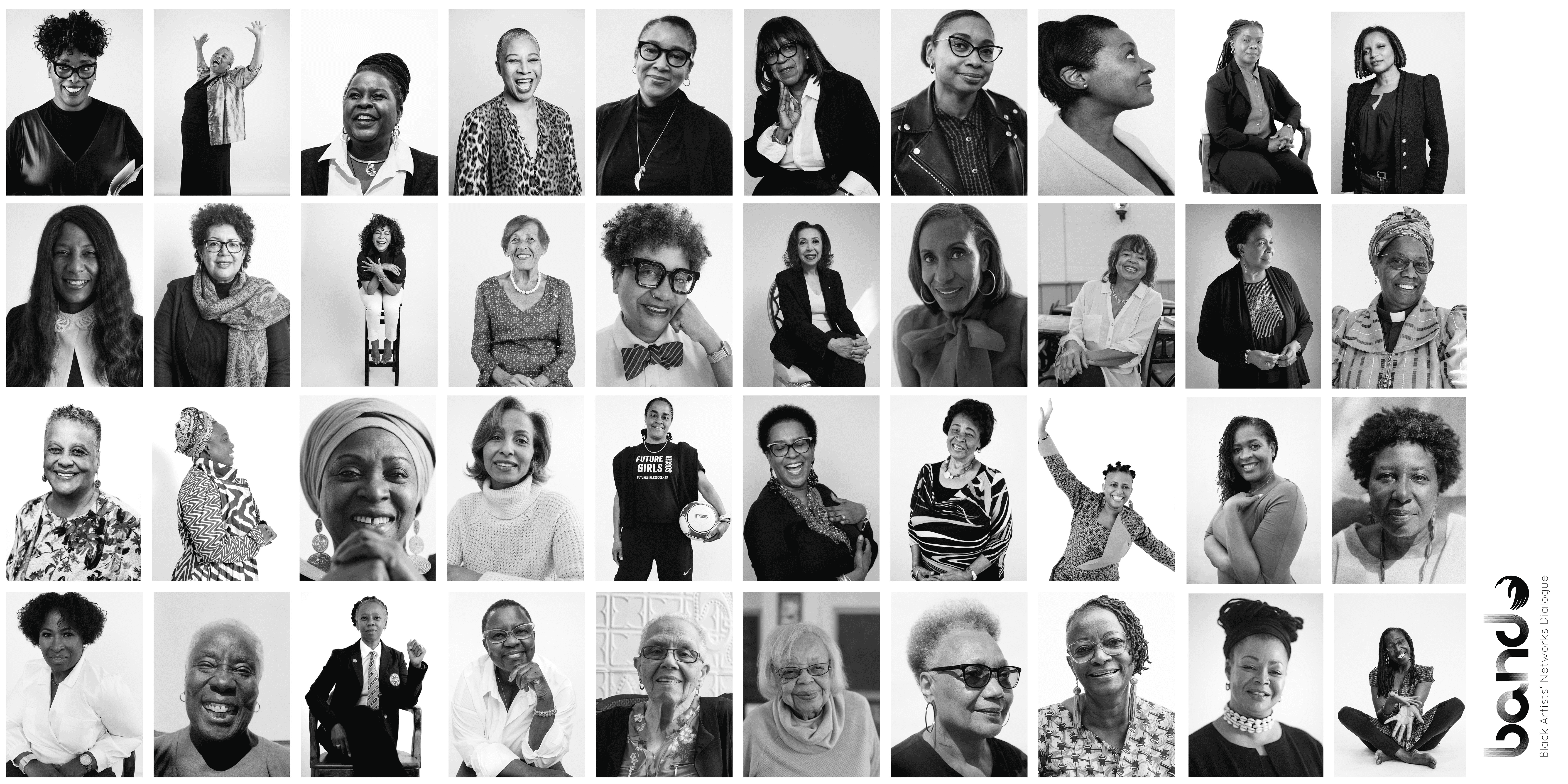 40 thumbnail portraits of Black women leadership in black and white photography.