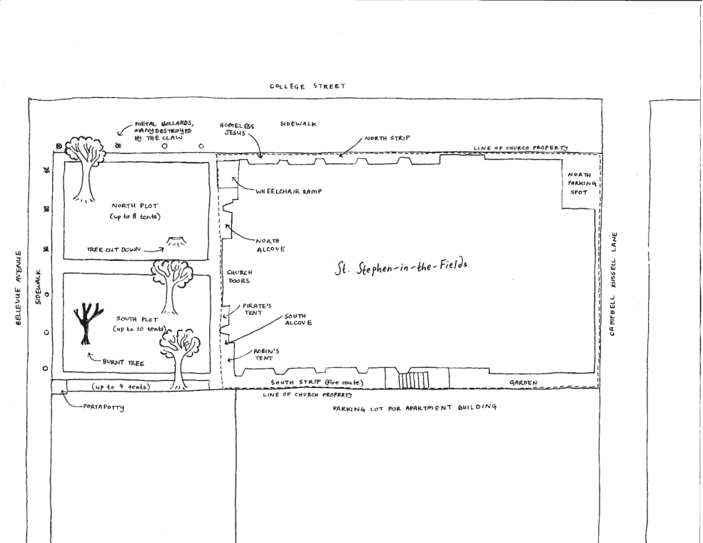 A handwritten drawing of a map of St. Stephen-in-the-Fields church.